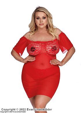 Sexy Unterhemd, Tüll, durchsichtig Spitze, off shoulder, ausgestellte Ärmel, Plus Size